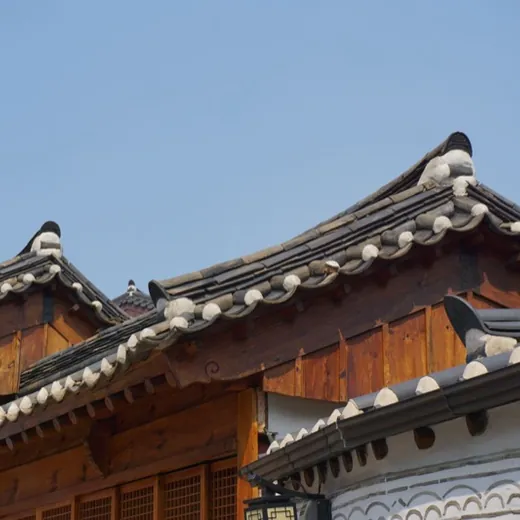 Close view of grey hanok roof tiles