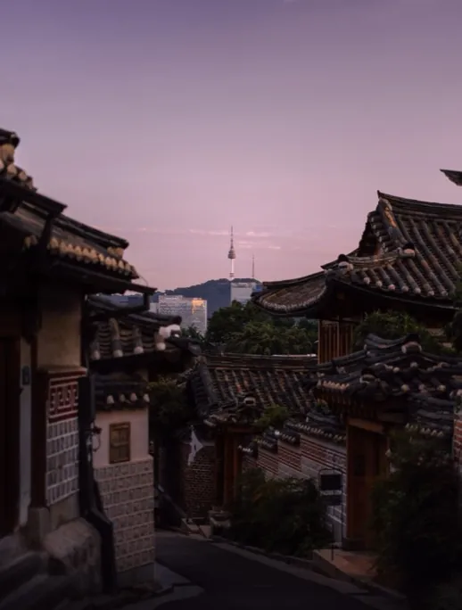 Seochon rooftops with Namsan tower at dusk